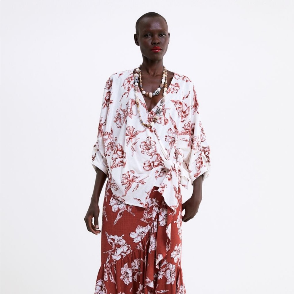 ZARA tie-front printed blouse